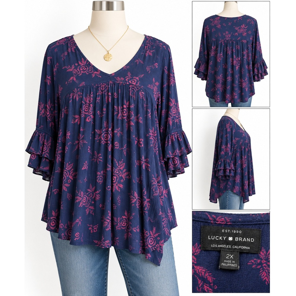 Lucky Brand Women 2X Navy Pink Floral Ruffle Bell Sleeve V-Neck Babydoll Blouse